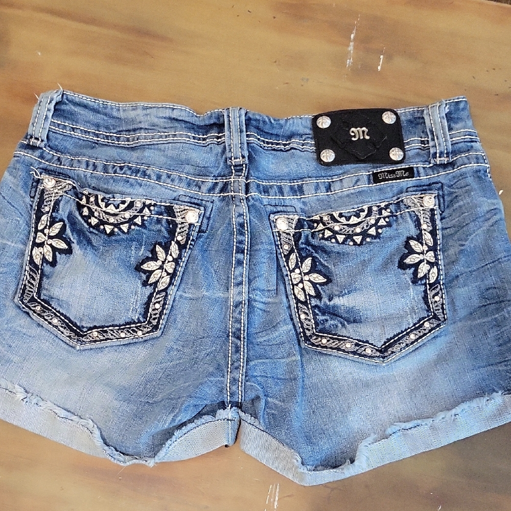 Miss Me Distressed Blue Jean Shorts with Embroidery